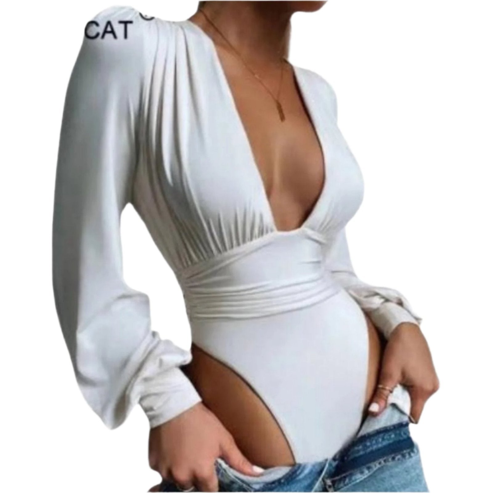 Chic Solid Plunging Neck Lantern Sleeve Bodysuit