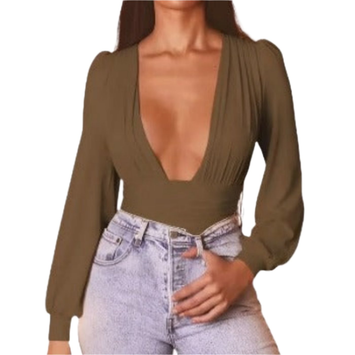 Chic Solid Plunging Neck Lantern Sleeve Bodysuit - Image 2