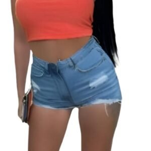 Mid Blue Distressed Raw Hem Denim Shorts