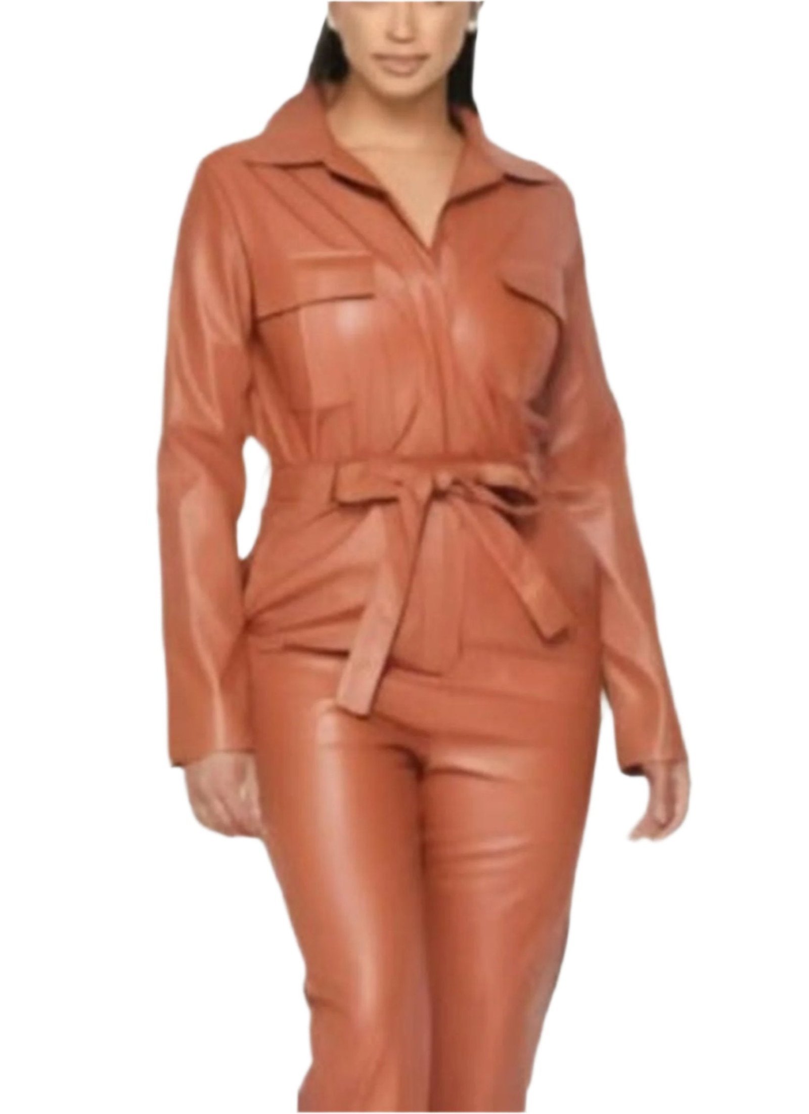Self Belted Button Up Shirt Leather Jumpsuit Long Sleeve