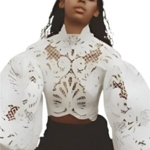 Solid Lady Stand Collar Long Puffy Sleeve Fit Shirt