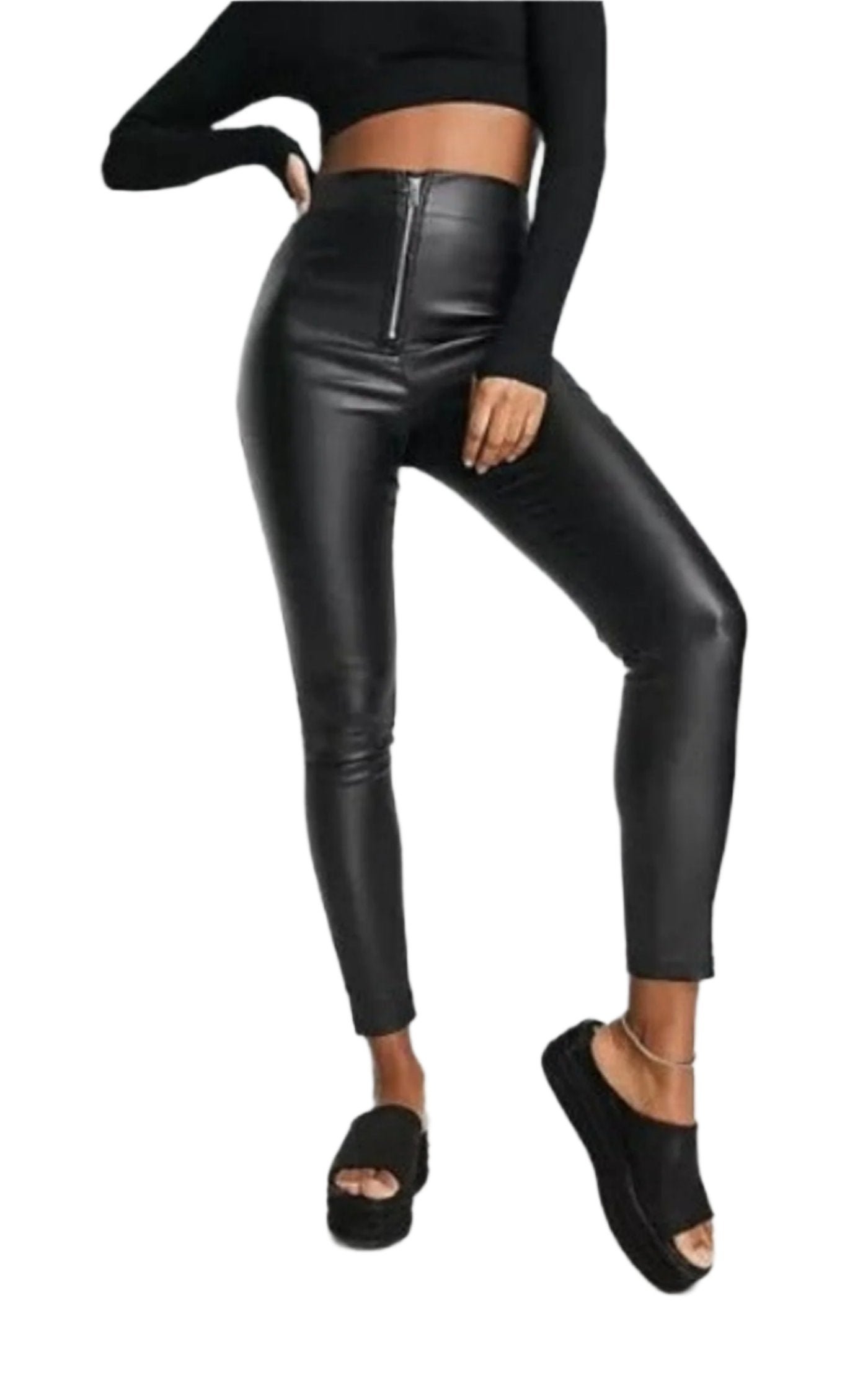 Black Coated Exposed Zip Skinny Trousers - Image 2