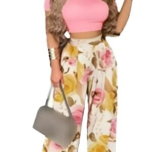 Two Piece Sets Elegant Print Short Sleeve Shirt Pullover + Wide Leg Pants Suits