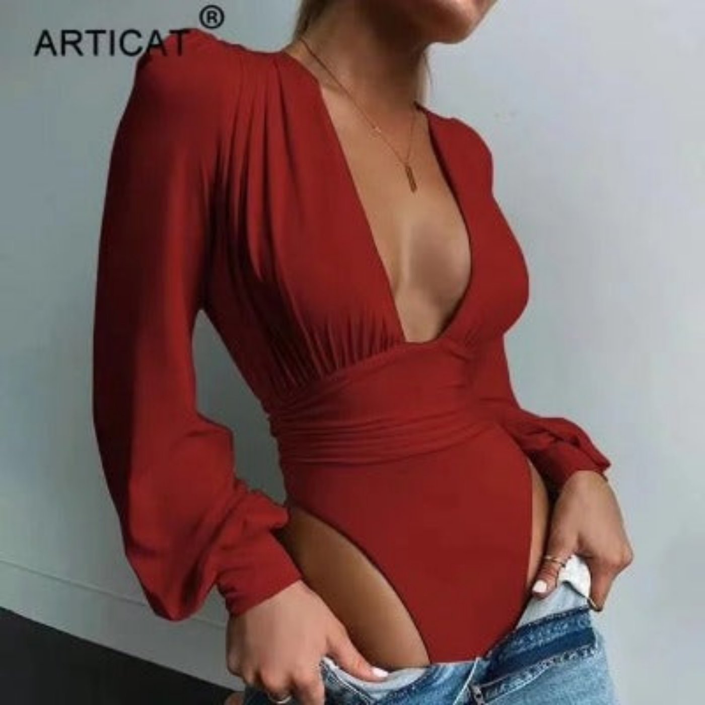 Chic Solid Plunging Neck Lantern Sleeve Bodysuit - Image 4