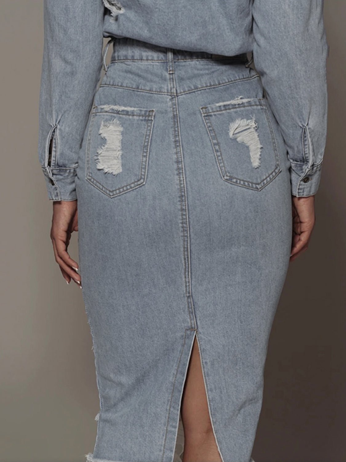 Distressed Slit Denim Skirt - Image 2