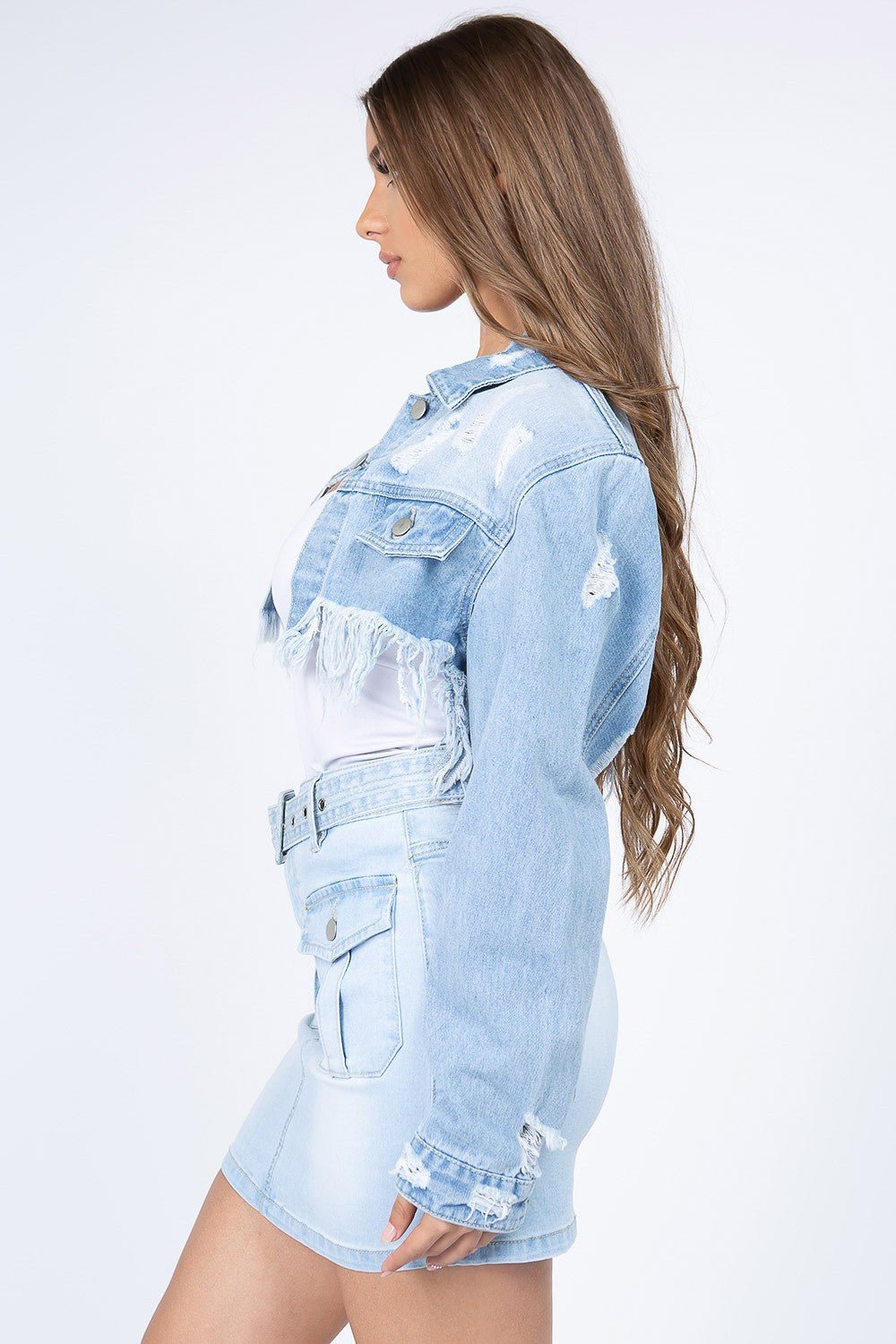 American Bazi Distressed Denim Jacket with Frayed Hem - Image 3