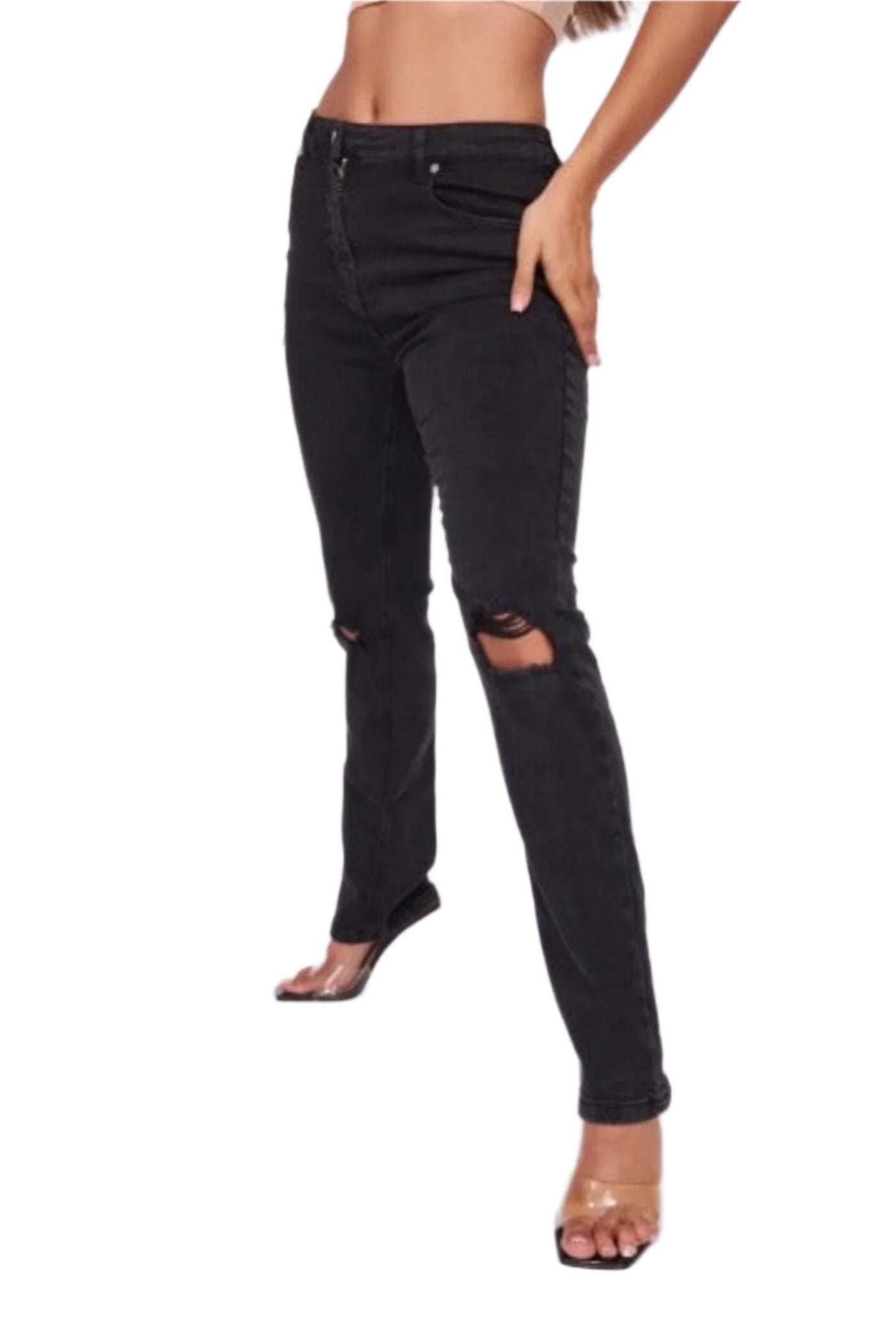 Charcoal Distressed Knee Rip Straight Leg Jeans - Image 3
