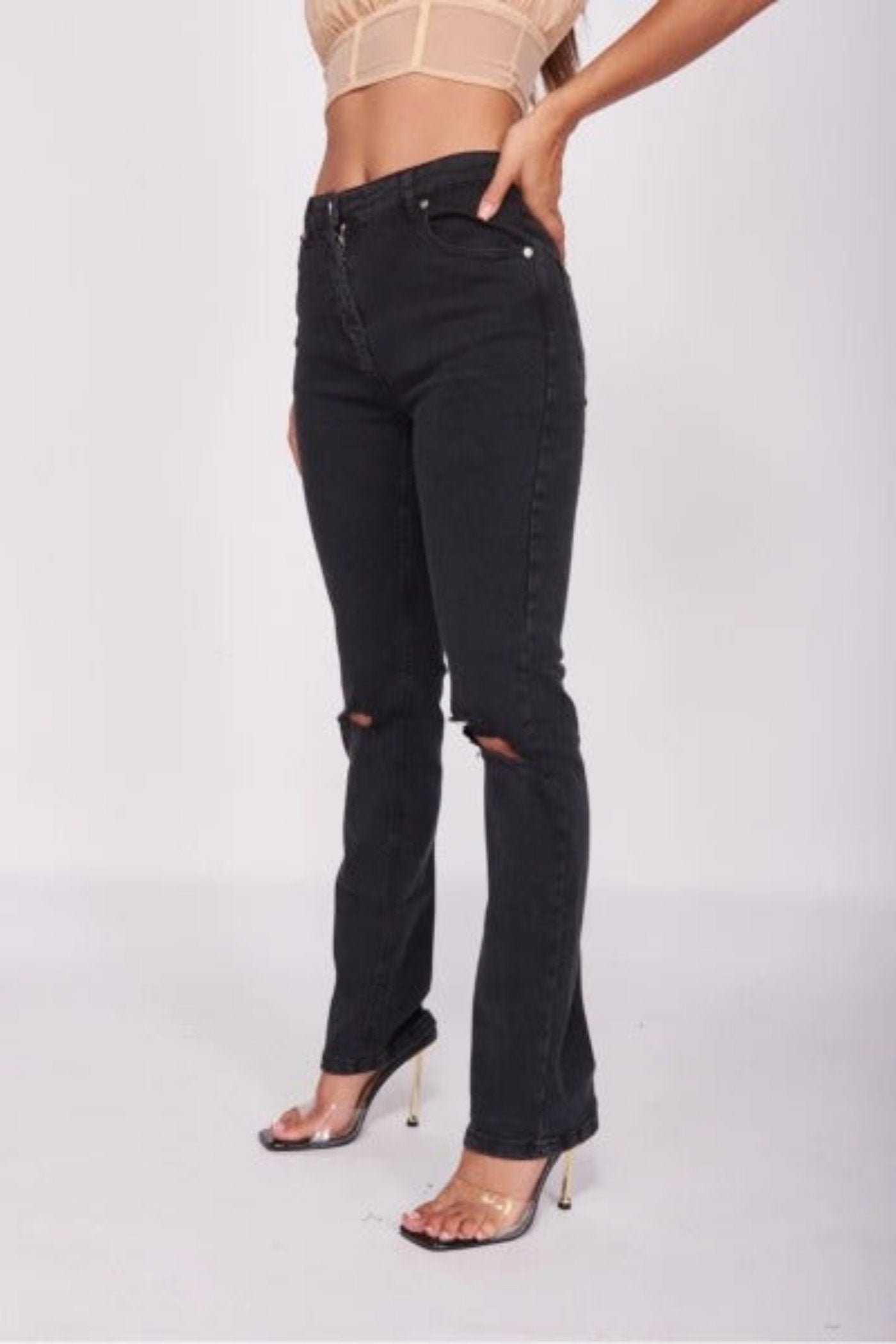 Charcoal Distressed Knee Rip Straight Leg Jeans - Image 4