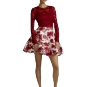 City Vibe Long-Sleeve Lace Top with Floral Skirt Two-Piece Dress