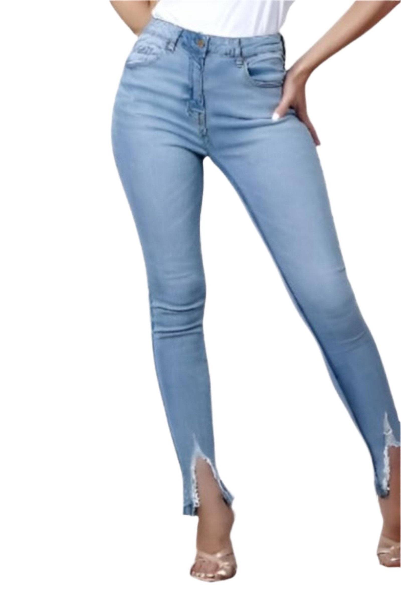Light Blue Extreme Distressed Hem Skinny Jeans