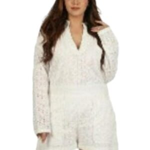 Summer Women's Two Piece Set Eyelet Embroidery Buttoned Shirt Top & Short