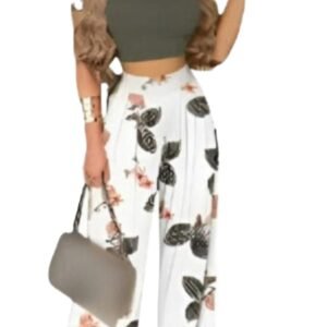 Two Piece Sets Elegant Print Short Sleeve Shirt Pullover + Wide Leg Pants Suits