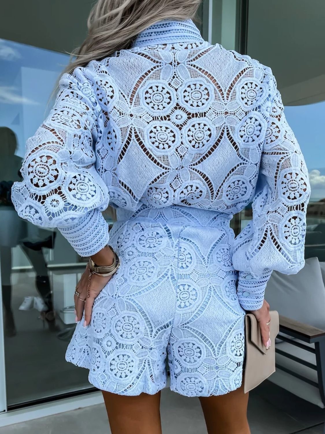 Button Detail Lace Lantern Sleeve Top and Shorts Set