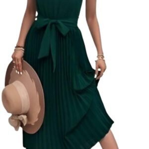 Women's 2023 Summer Sleeveless Halter Neck Pleated Midi Cocktail Dress A Line Flowy Beach Sun Dress with Belt