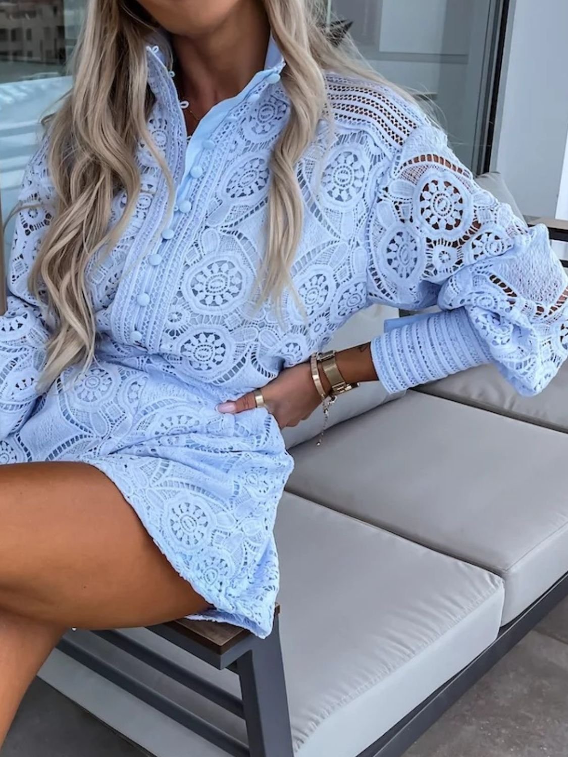 Button Detail Lace Lantern Sleeve Top and Shorts Set