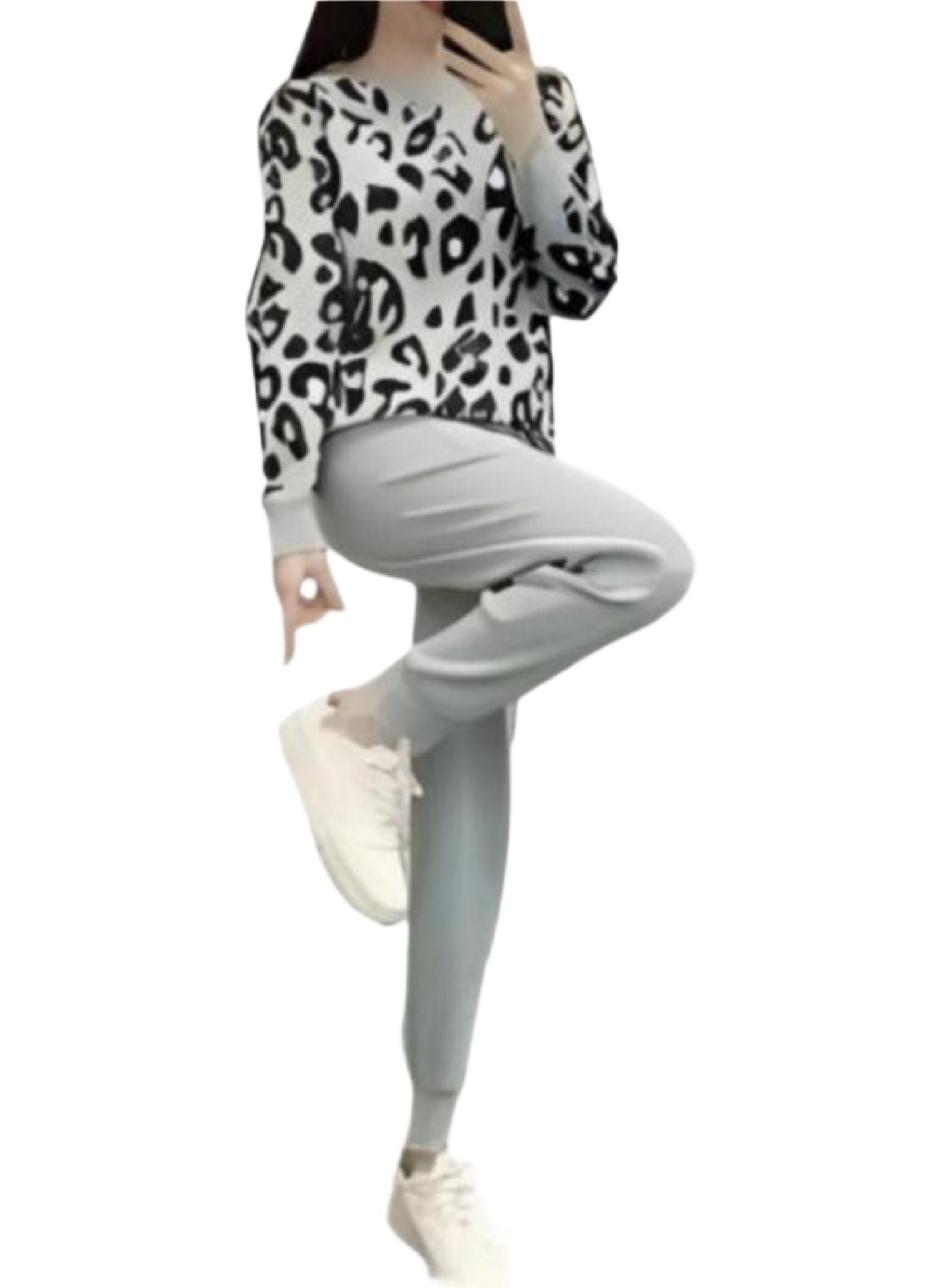 Casual Knitted Long-sleeved Pants Printed Beaded Pullover + Double Pocket Lace Pants